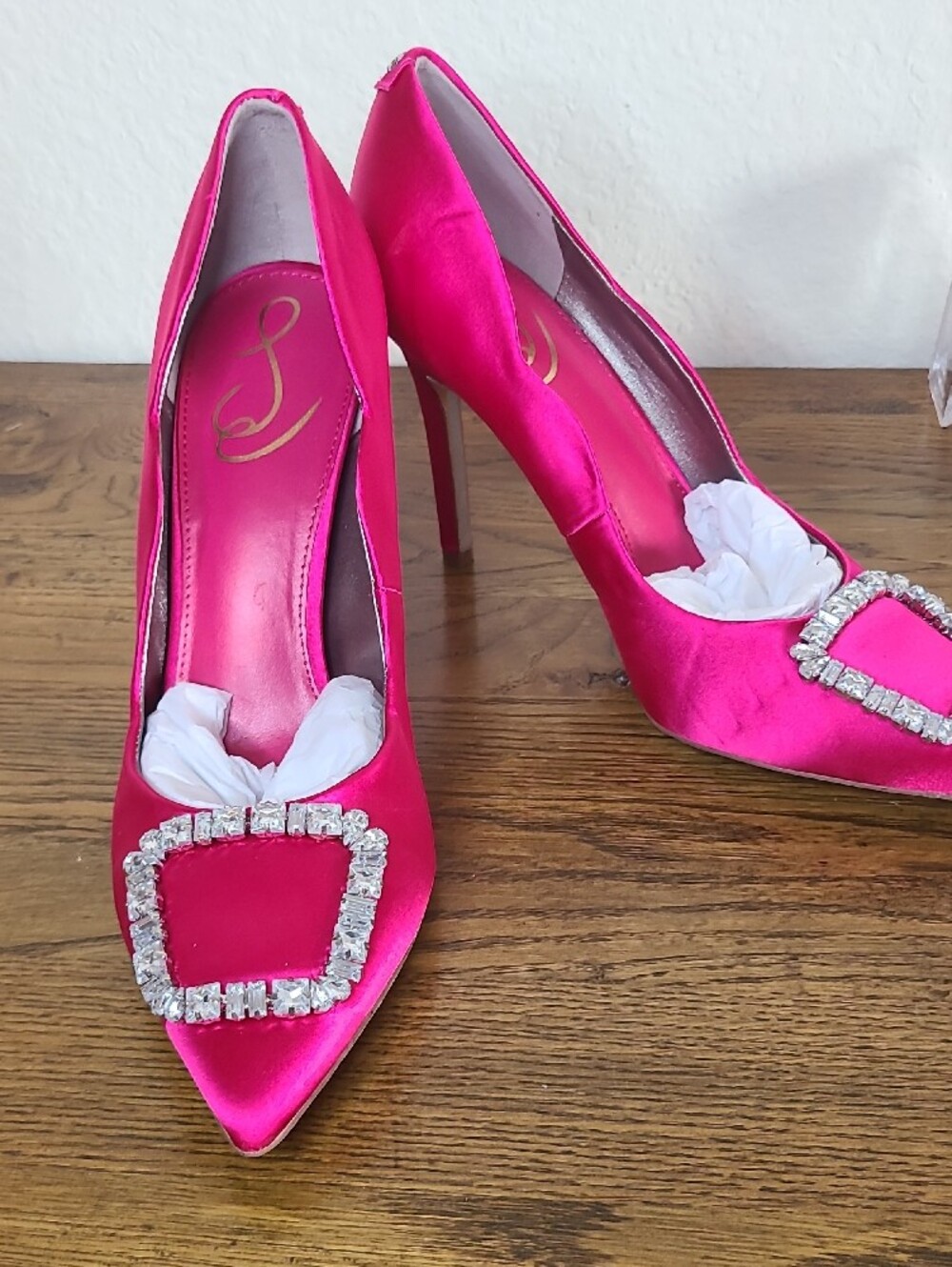 WORN ONCE AT WORK!! Pink Satin Pointed-Toe Crystal Buckle Pumps - Women
